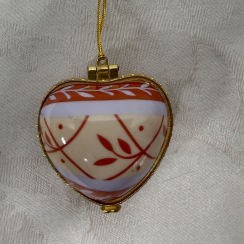VALERIE Porcelain Heart Enamel Trinket Box Ornament LAUGHTER Orange
